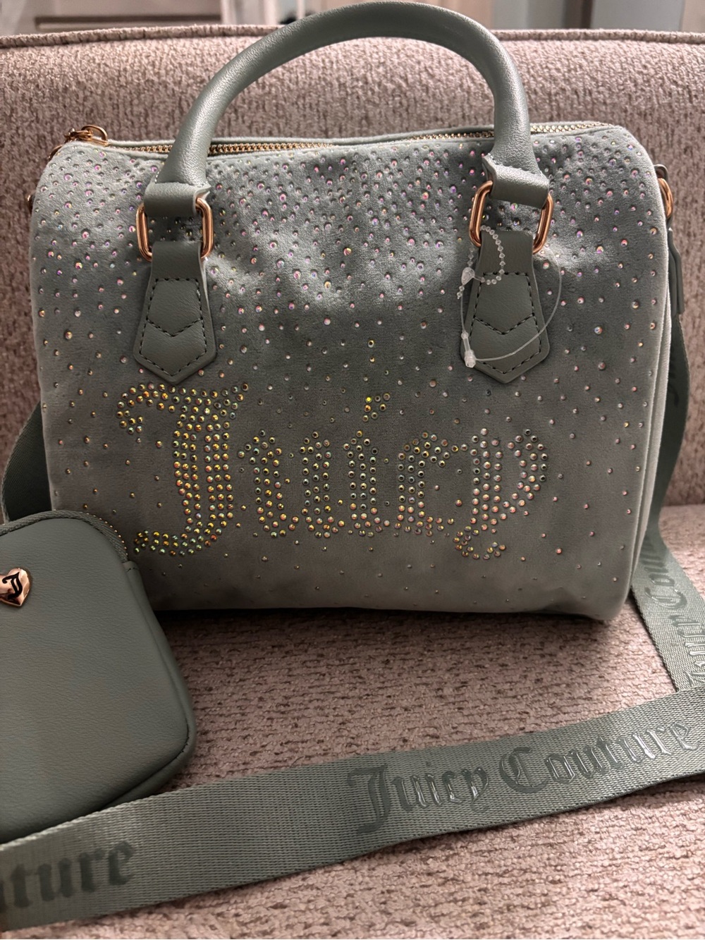 Juicy Couture Let it Shine Cool Blue Green Rhinestone Satchel - Picture 3 of 14